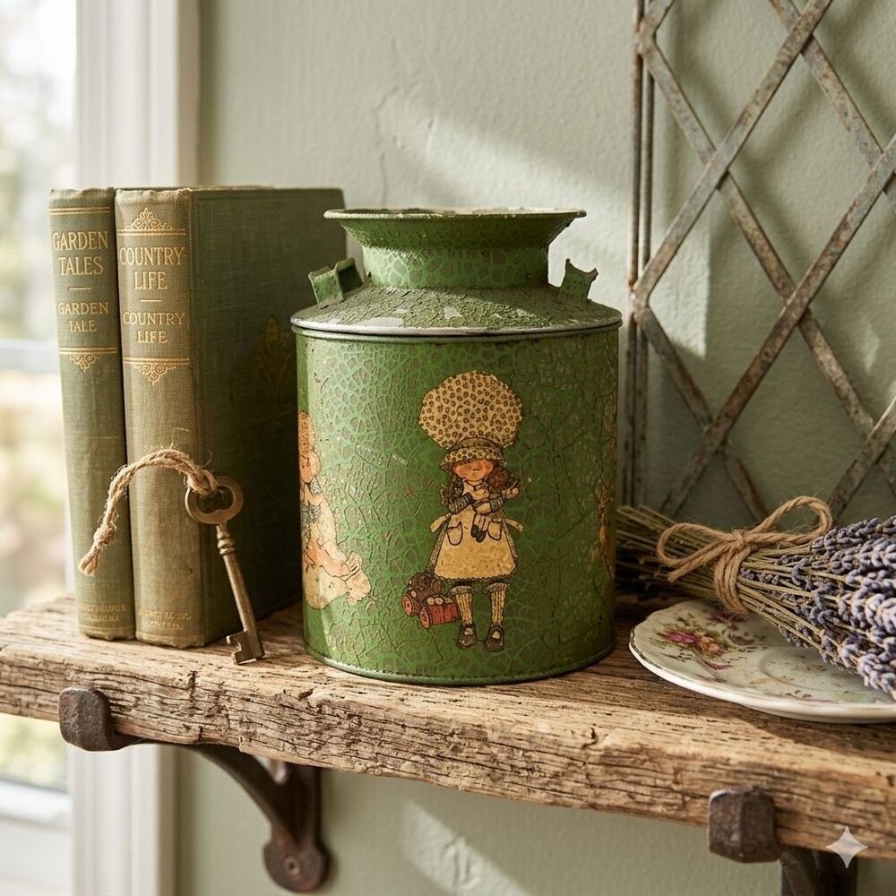 Vintage 1970s Green Crackle Glaze Milk Can Tin Bank Nostalgic Holly Hobbie
